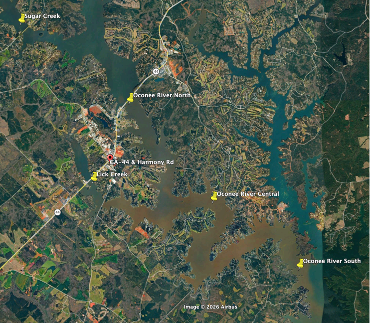Map of the five Lake Oconee lake areas and their neighborhoods